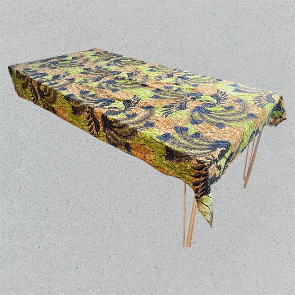 VTG Cotton 66" x 44" Cotton Peacock Guaranteed Wax Print Fabric Tan Blue Green - Picture 4 of 8